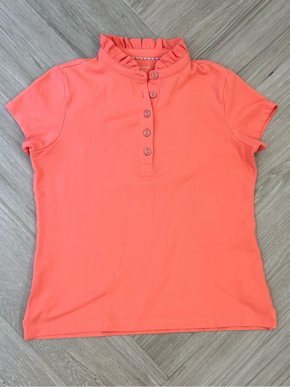 Lands End Women’s Fitted Short Sleeve Coral Top with Ruffled Neckline S/P